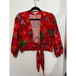 Maison d’Amélie Paris Red Linen S Abstract Tie Front Blouse Artsy French Top